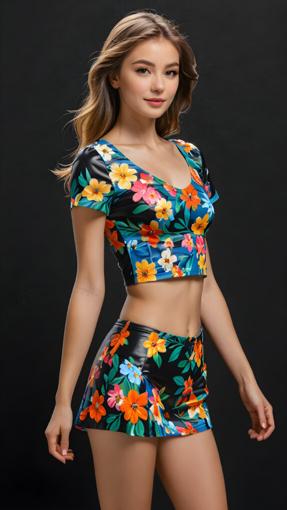a (((beautiful young girl))), dressed in a (((short, floral-patterned crop top))), round mini skirt, with a figure that embodies the carefree spirit often associated with her age, capturing the essence of a sunny mood and a perfect, youthful form, under (((softly dimmed light))), against a (((black backdrop))), advancing the scene's vibrant atmosphere ((side view))
