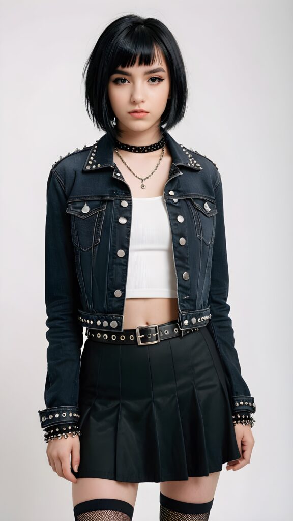 a beautiful, emo-styled (((teen girl))), with short, flowing, black bob hair framing one eye and thick, black eyebrows, dressed in a sleek, black denim jacket, a classic goth skirt, and fishnet tights, accessorized with studded details like a belt and bracelets ((white background)) ((stunning)) ((gorgeous))