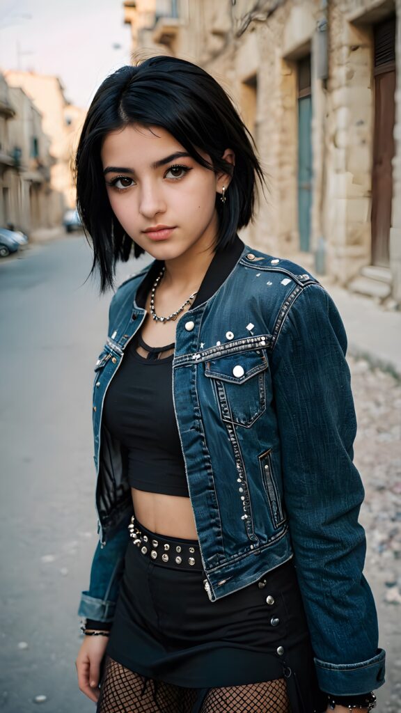 A beautiful, emo-styled (((Syrian teen girl))), with short, flowing, black bob hair framing one eye and thick, black eyebrows, dressed in a sleek, black denim jacket, a classic goth skirt, and fishnet tights, accessorized with studded details like a belt and bracelets