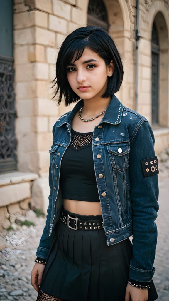 A beautiful, emo-styled (((Syrian teen girl))), with short, flowing, black bob hair framing one eye and thick, black eyebrows, dressed in a sleek, black denim jacket, a classic goth skirt, and fishnet tights, accessorized with studded details like a belt and bracelets
