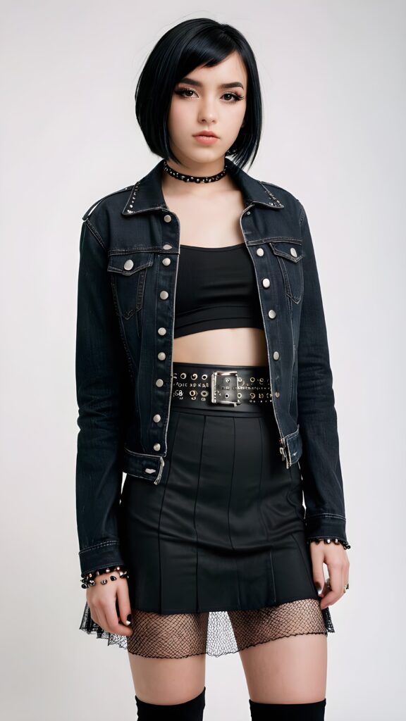 a beautiful, emo-styled (((teen girl))), with short, flowing, black bob hair framing one eye and thick, black eyebrows, dressed in a sleek, black denim jacket, a classic goth skirt, and fishnet tights, accessorized with studded details like a belt and bracelets ((white background)) ((stunning)) ((gorgeous))