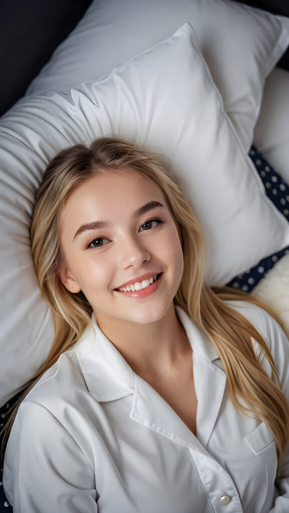 a (((beautiful young teen girl))), lying in a bed (((detailed perspective from above))), clad in a (((night suit))), with delicate features and (full, kissable lips), blonde straight hair, white teeth, smile