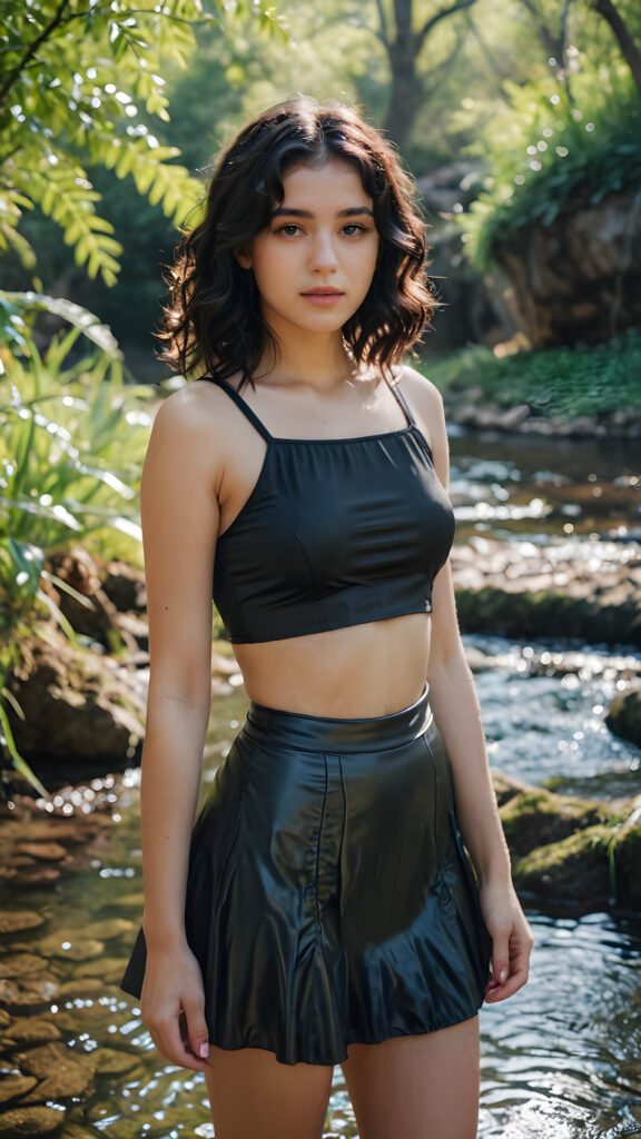 a beautiful, young girl stands in a natural spring and looks embarrassed into the camera. Her black, wavy hair falls over her upper body. She is wearing a thin silk crop top and round short miniskirt