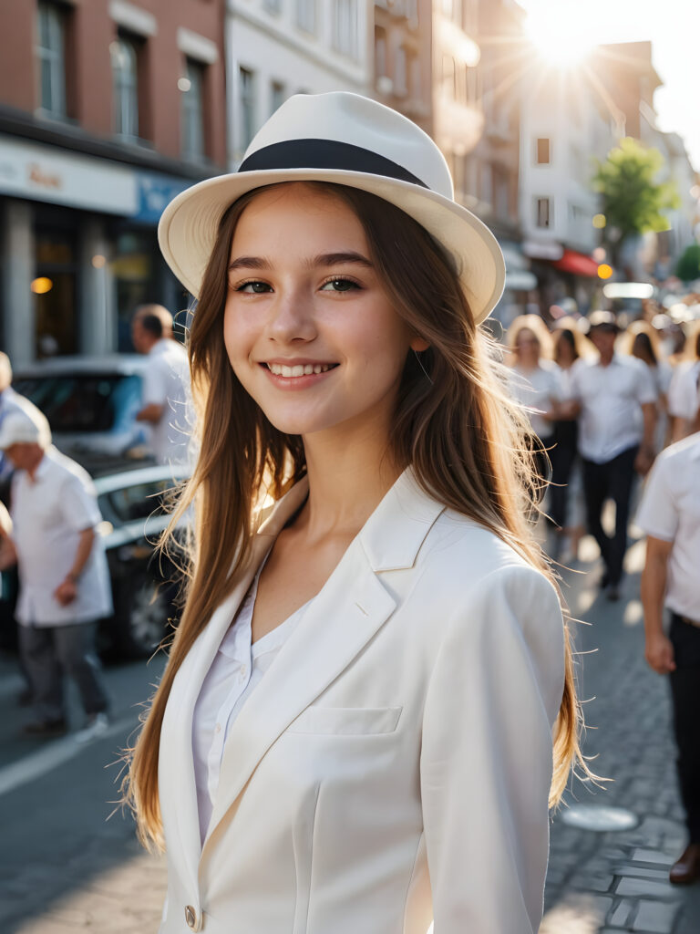 a beautiful young teen girl stands on a busy street. She has long hair and is wearing an elegant white suit and a white hat. She smiles at the camera. The sun is shining and illuminating her face.