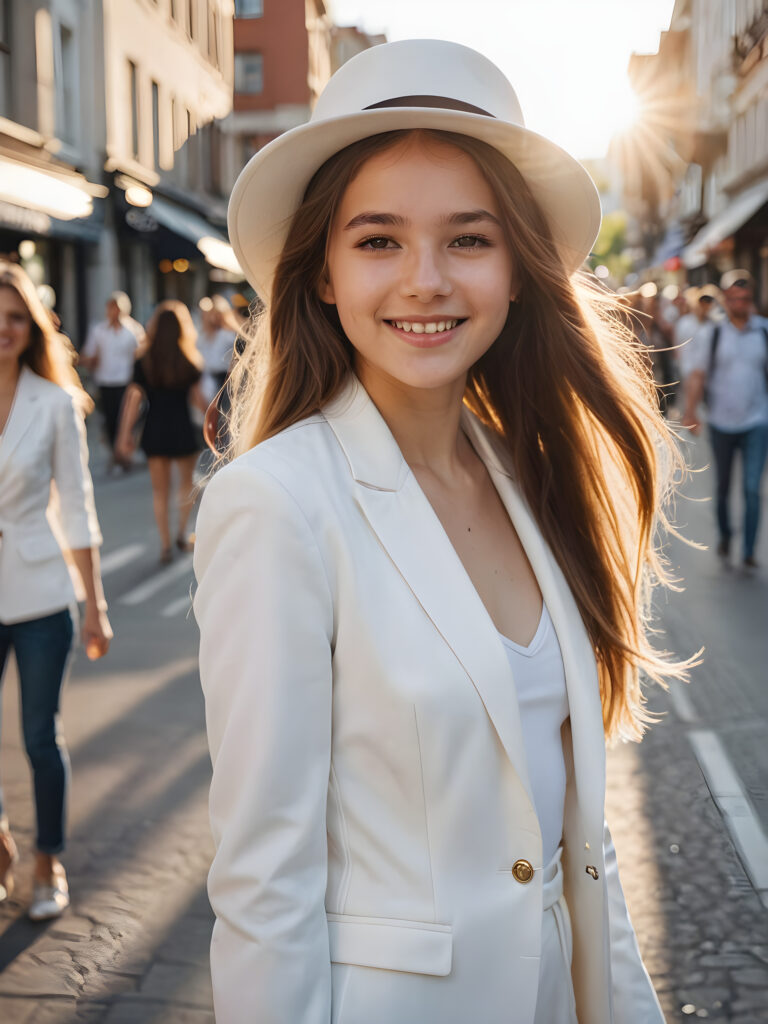 a beautiful young teen girl stands on a busy street. She has long hair and is wearing an elegant white suit and a white hat. She smiles at the camera. The sun is shining and illuminating her face.