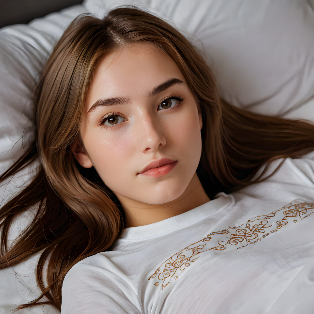 a (((beautifully drawn))) long, straight (((hazelnut hair))) with intricate details, reflecting a (((professional night photographer))) who's captured the essence of a (((teenage girl with stunning features))), as she sleeps peacefully in a (comfortable bed), her lashes resting against her cheeks, cut bangs framing an (angelically realistic face) with soft, delicate features, wearing a (super short, tight white T-shirt) made from thin silk