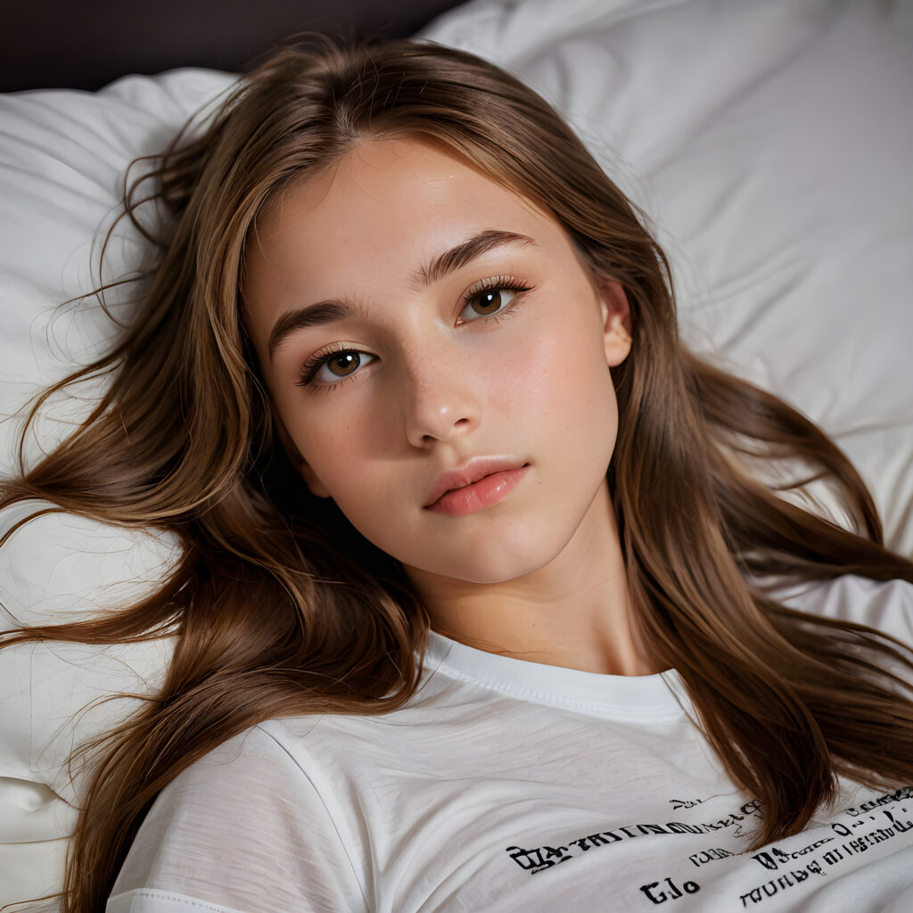 a (((beautifully drawn))) long, straight (((hazelnut hair))) with intricate details, reflecting a (((professional night photographer))) who's captured the essence of a (((teenage girl with stunning features))), as she sleeps peacefully in a (comfortable bed), her lashes resting against her cheeks, cut bangs framing an (angelically realistic face) with soft, delicate features, wearing a (super short, tight white T-shirt) made from thin silk