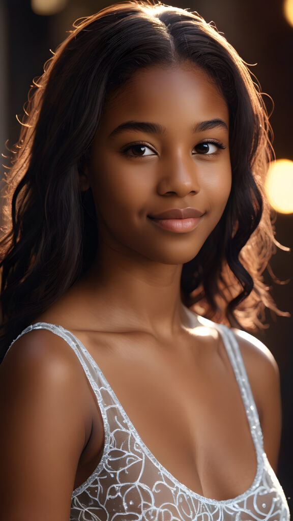 a (((beautifully drawn (((cinematic lights))) young black teen girl))), aged 14, with long, realistically detailed, flowing black hair and a round, angelic face, poised with a warm smile, facing the camera for a softly focused, perfectly composed portrait shot. Her figure is flawlessly proportioned, her skin tone is distinctively dark, and she's clad in a sleek, super short, form-fitting tank top that showcases every nuance of her striking realism