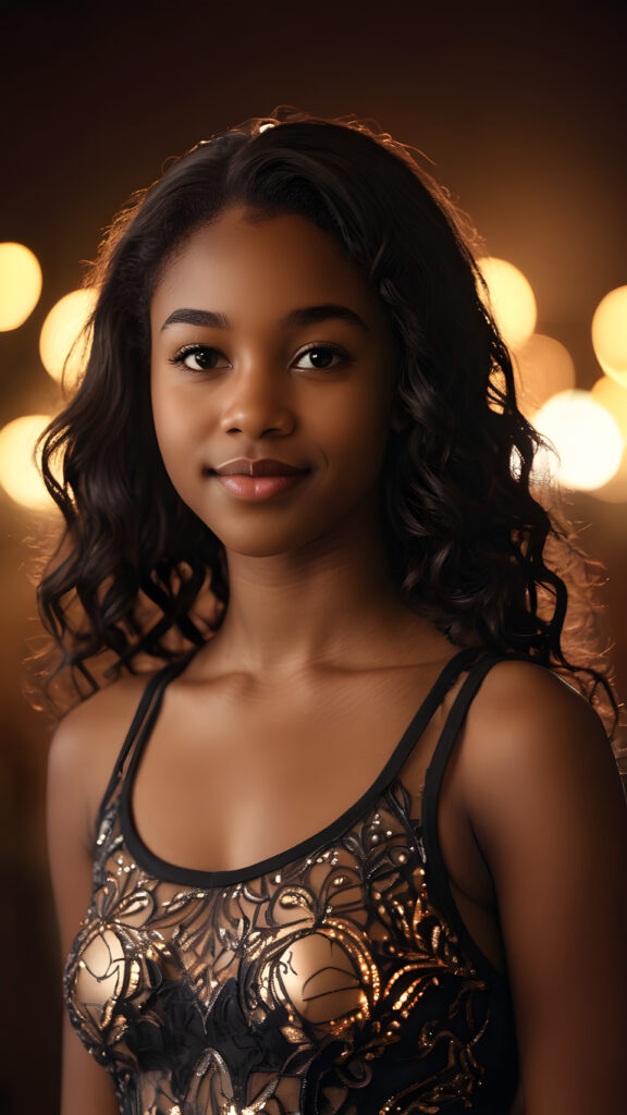 a (((beautifully drawn (((cinematic lights))) young black teen girl))), aged 14, with long, realistically detailed, flowing black hair and a round, angelic face, poised with a warm smile, facing the camera for a softly focused, perfectly composed portrait shot. Her figure is flawlessly proportioned, her skin tone is distinctively dark, and she's clad in a sleek, super short, form-fitting tank top that showcases every nuance of her striking realism