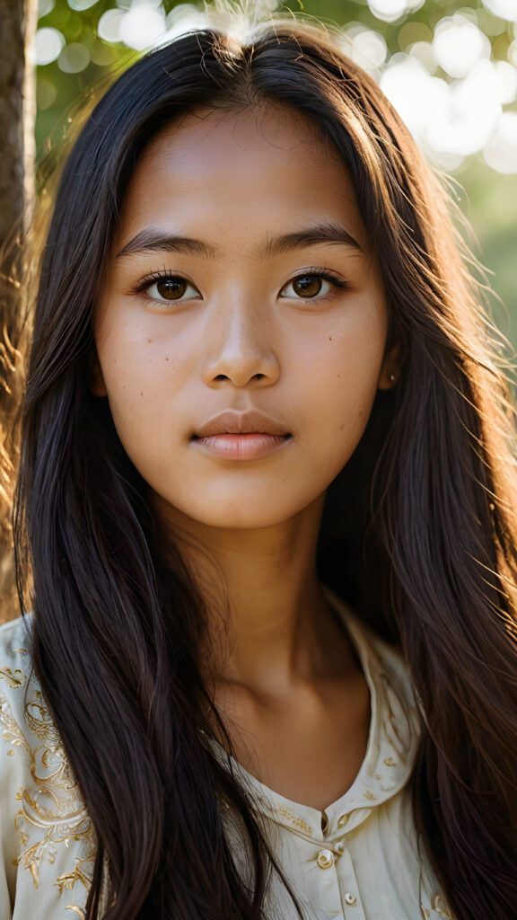 a (((beautifully drawn portrait))) of a (((Burmese teen girl))) with long, flowing, (((straight hair))) and a (((stunningly realistic face))), intricate details capturing a (((luminous Burmese youth))), aged 15, her eyes looking directly into the camera with perfect curls and a flawlessly proportioned figure presented in a (((side profile))), evoking a sense of ethereal realism