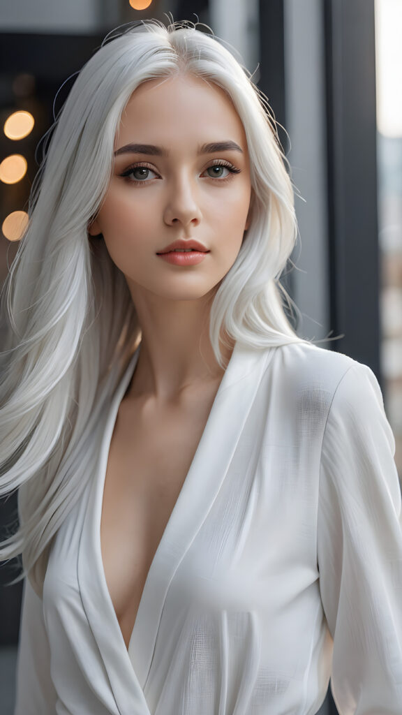 a beautifully drawn (((silver-skinned girl))) with flowing, (((straight platinum hair))), dressed in a timelessly classic style in (((white clothes)))