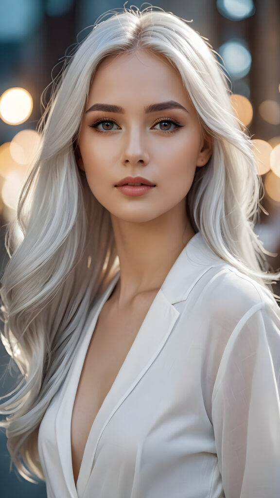 a beautifully drawn (((silver-skinned girl))) with flowing, (((straight platinum hair))), dressed in a timelessly classic style in (((white clothes)))
