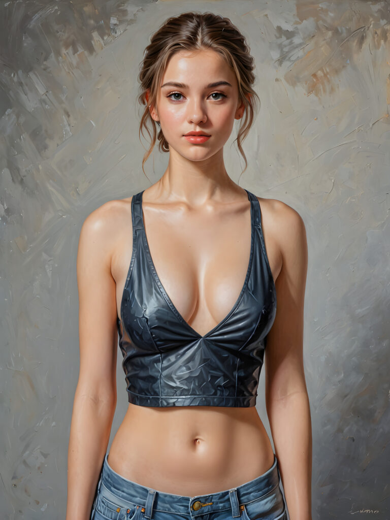 A beautifully drawn (((detailed portrait))), highlighting the upper body of a youthful girl with a flawless figure, dressed in a (((low-cut crop top))), mimicking the style of Michelangelo's 'David'), poised confidently before the viewer