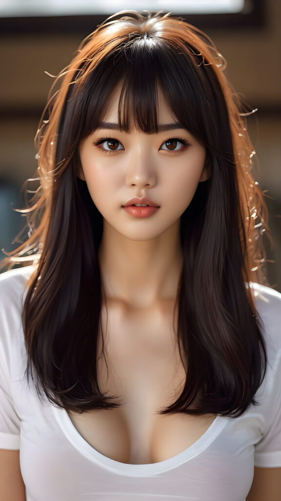 a beautifully realistic, cinematic light setup, with (((vivid, accurate long, messy, straight hair))) styled in a stunning (((bangs haircut))) and a (((super elegant, attractive Korean teen girl))) with detailed, realistic black hair and an angelic face that exudes sadness, captured in a (perfect full body view). Her features are incredibly detailed, down to the (((realistic detailed brown eyes))), framed by perfect curves, dressed in a super short, thin silk (((white t-shirt))), paired with super short jeans that accentuate her flawless anatomical proportions from a side perspective