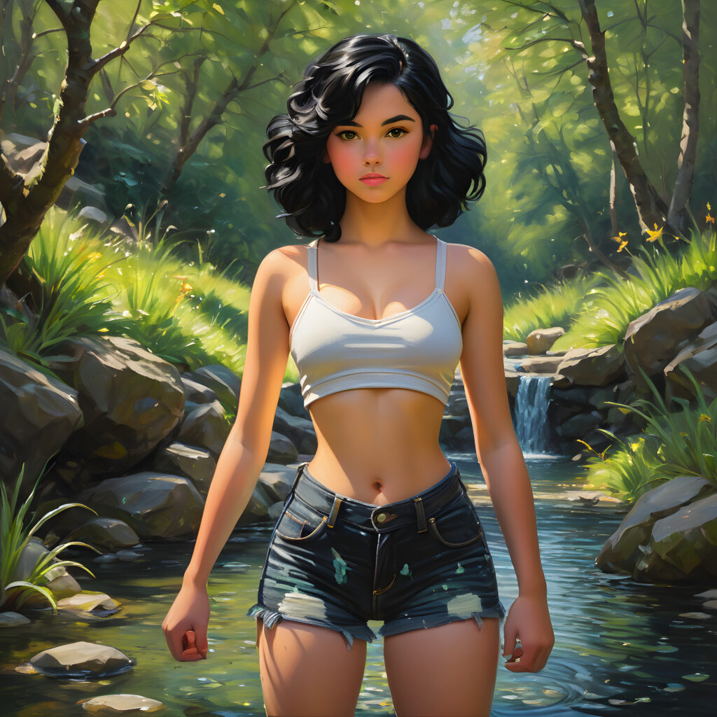 a black-haired teen girl stands up to her hips in a natural spring. She looks at the viewer. Dim light illuminates the image.