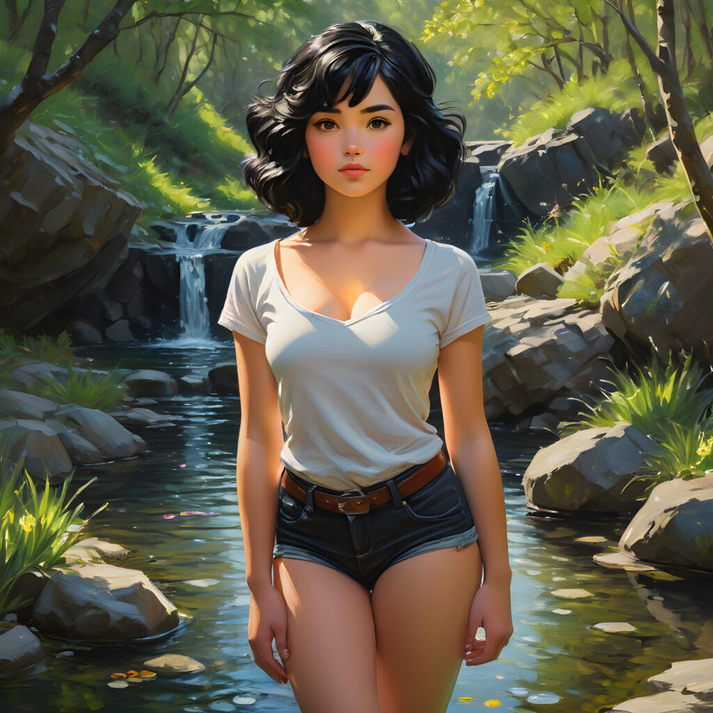 a black-haired teen girl stands up to her hips in a natural spring. She looks at the viewer. Dim light illuminates the image.