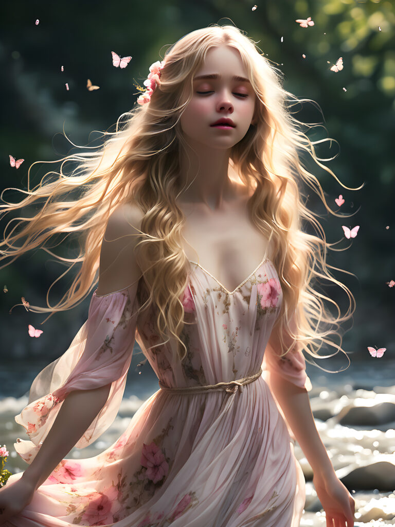 a (((breathtakingly beautiful girl))), with a (((soft, melancholic expression))), standing serenely by a (((flowing river))), where her long, blonde locks gracefully dance with the current, framed by a delicate, flowing dress adorned with a ((delicate pink floral pattern)) that shimmers in the sunlight, with tiny droplets of sparkling water reflecting off her face and flowing hair and butterflies fluttering around