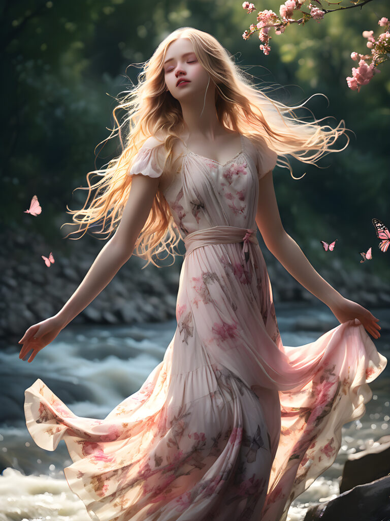 a (((breathtakingly beautiful girl))), with a (((soft, melancholic expression))), standing serenely by a (((flowing river))), where her long, blonde locks gracefully dance with the current, framed by a delicate, flowing dress adorned with a ((delicate pink floral pattern)) that shimmers in the sunlight, with tiny droplets of sparkling water reflecting off her face and flowing hair and butterflies fluttering around