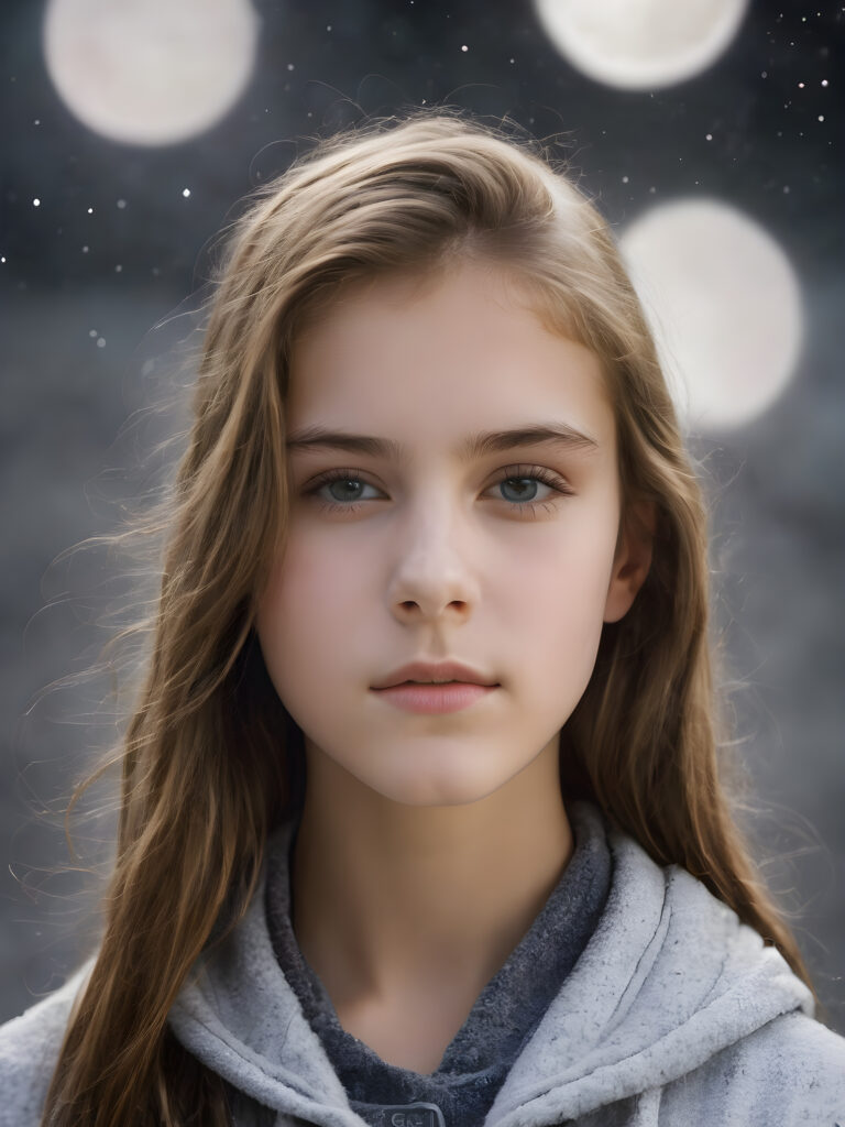 A breathtakingly lifelike (((photo))) capturing a (((teenage girl))) dressed softly but realistically, with a striking mix of detail and natural beauty, emoting a (((fancifully whimsical expression))), against an (((interstellar gray backdrop))). Her features are (((unmistakably adorable))), exuding a (staggering degree of realism and appeal)