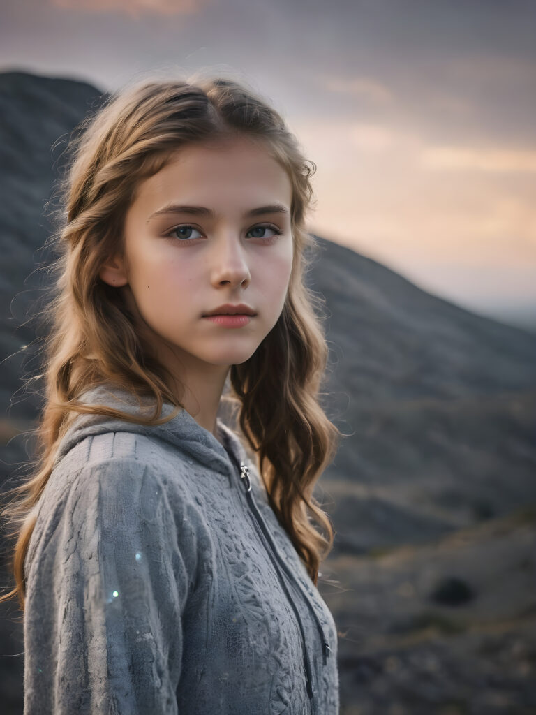 A breathtakingly lifelike (((photo))) capturing a (((teenage girl))) dressed softly but realistically, with a striking mix of detail and natural beauty, emoting a (((fancifully whimsical expression))), against an (((interstellar gray backdrop))). Her features are (((unmistakably adorable))), exuding a (staggering degree of realism and appeal)