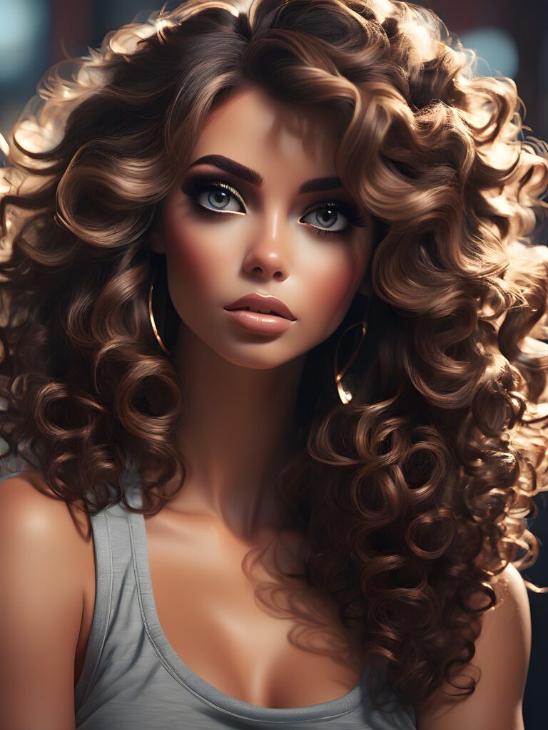a (((contemporary glam close-up portrait))), featuring a strikingly beautiful model with long, voluminous, dark curls and highlights artfully styled by a trending ArtStation artist. The model's heavily detailed eyes contrast against minimalist go-go shorts, representing a modern interpretation of classic glamour