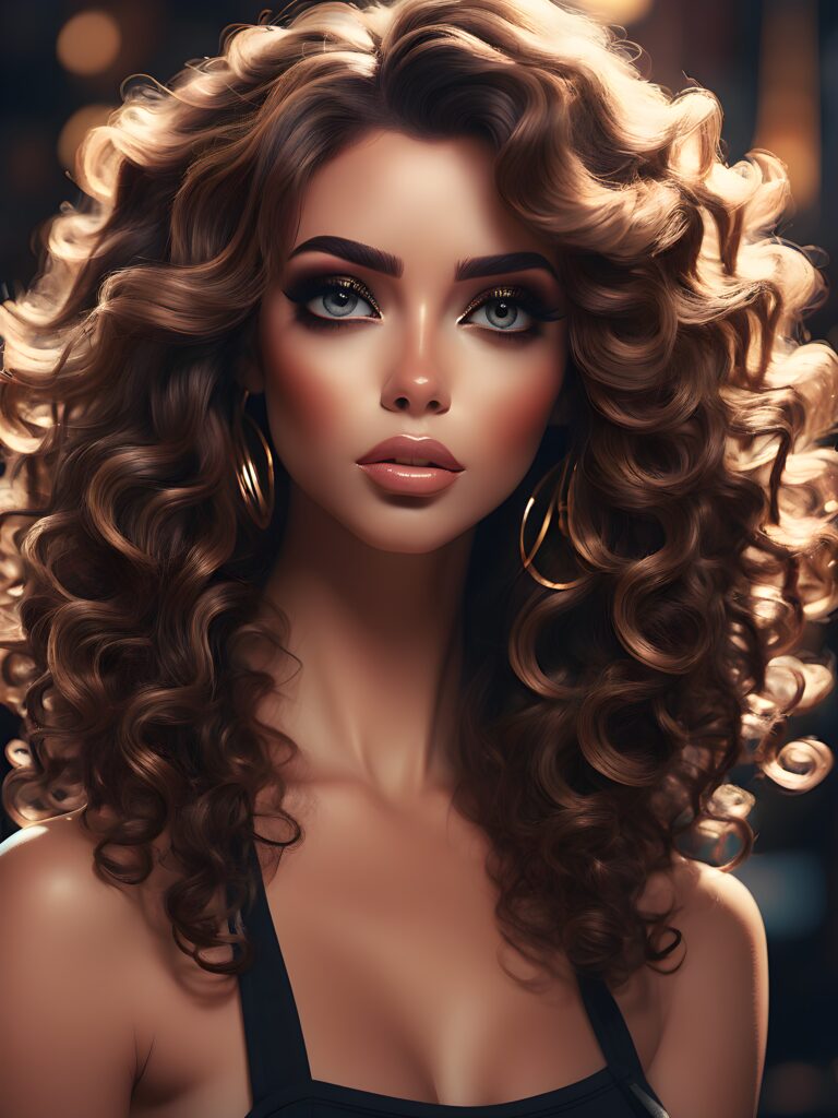 a (((contemporary glam close-up portrait))), featuring a strikingly beautiful model with long, voluminous, dark curls and highlights artfully styled by a trending ArtStation artist. The model's heavily detailed eyes contrast against minimalist go-go shorts, representing a modern interpretation of classic glamour