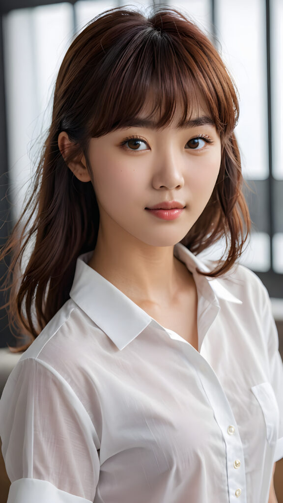 A (((cute 16-year-old Filipino girl with intricate Korean-style bangs))), featuring highly detailed, ultra realistic hair that extends beyond her shoulders. She’s clad in a (((perfectly curved and fitted white short shirt))), with a stunning face that exudes realism, complete with glowing, ultra-realistic amber eyes and delicate, detailed maroon straight hair that flows down her back. Her skin is highly detailed, with subtle wrinkles and a warm smile that draws the viewer in. Captured in an incredibly advanced image with deeply saturated colors, advanced film grain, and a soft focus that creates a sense of beauty and wonder. This advanced image represents the pinnacle of digital artistry, with unparalleled detail and advanced technology, making it a true masterpiece that pushes the boundaries of what is possible
