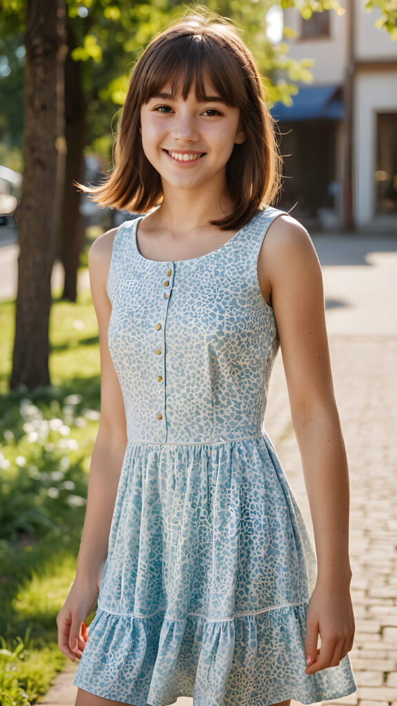 A (((cute teenage girl))) with a sunny smile and an endearingly awkward pose, shoulder-length, straight hair in bangs cut that shines in the sunlight, she wears a short summer dress, caught mid-step in a ((full-body image)) ((detailed))