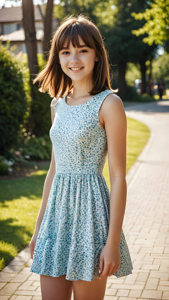 A (((cute teenage girl))) with a sunny smile and an endearingly awkward pose, shoulder-length, straight hair in bangs cut that shines in the sunlight, she wears a short summer dress, caught mid-step in a ((full-body image)) ((detailed))