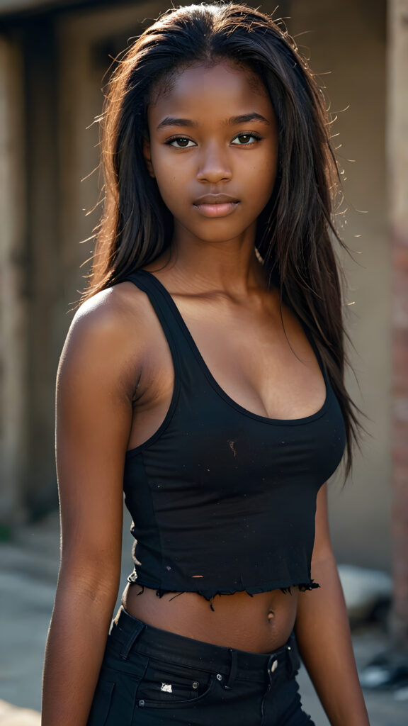 a (((dark-skinned teen girl))) with long, flowing (straight hair), aged 14, who exudes an air of seduction with a (((tattered cropped black tank top))), exhibiting a perfect, (curvaceous body)