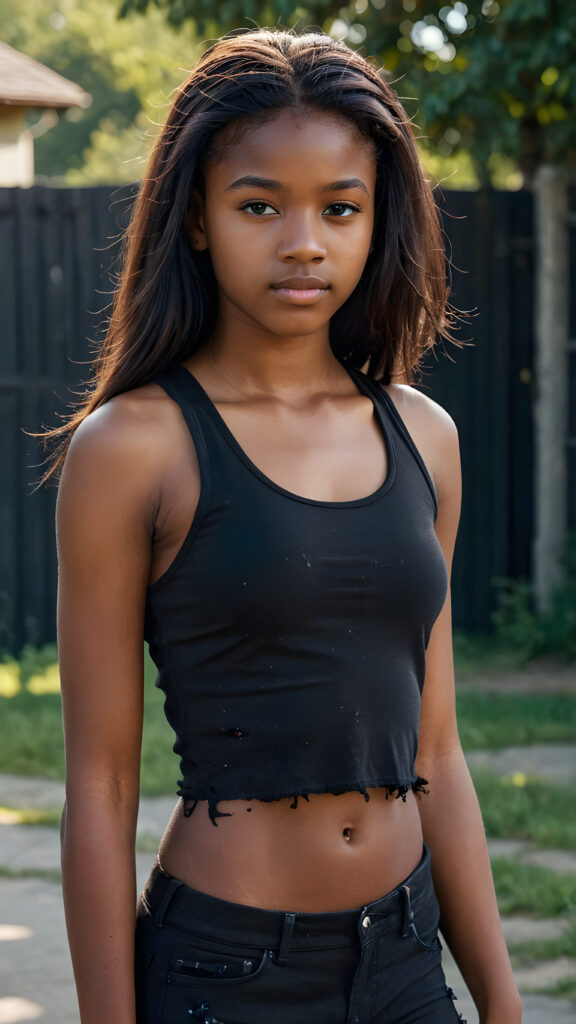 a (((dark-skinned teen girl))) with long, flowing (straight hair), aged 14, who exudes an air of seduction with a (((tattered cropped black tank top))), exhibiting a perfect, (curvaceous body)