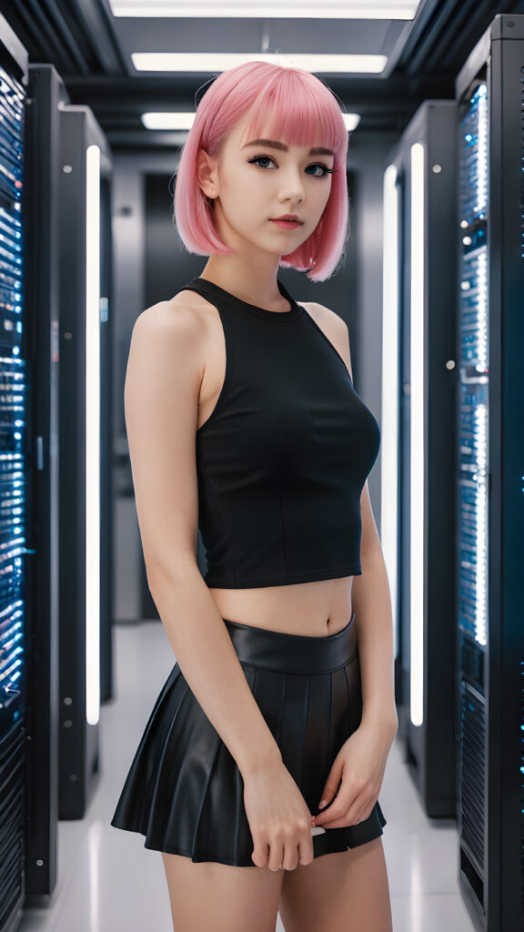 a (((full-body portrait))) featuring a (((super cute young girl))) with pink straight hair, bangs cut, dressed in a (((super short (black crop top)))); she's paired with (((short black mini skirt))), posing confidently in a sleek, futuristic data center