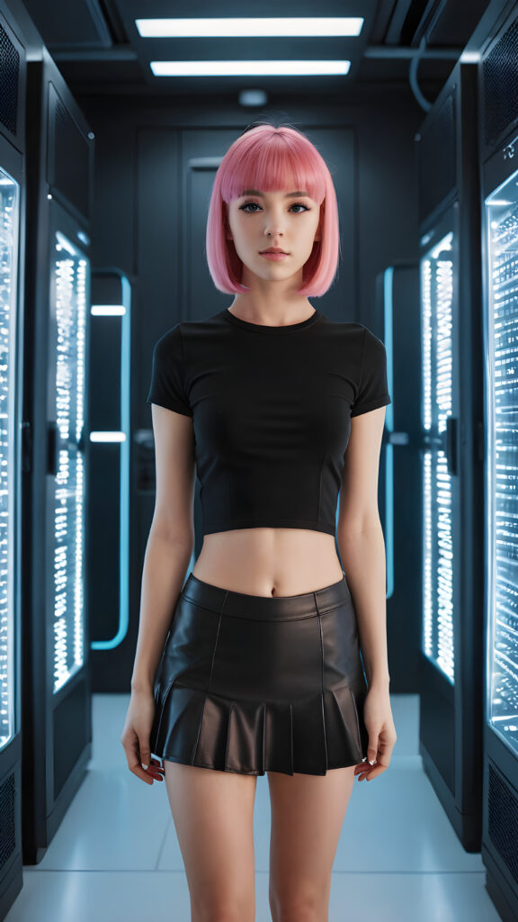 a (((full-body portrait))) featuring a (((super cute young girl))) with pink straight hair, bangs cut, dressed in a (((super short (black crop top)))); she's paired with (((short black mini skirt))), posing confidently in a sleek, futuristic data center