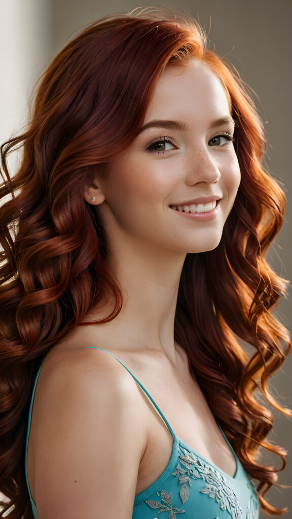 a (((masterfully composed side view photo))) featuring a (((cute 16-year-old female model))) with perfectly curled (((red hair))), a (((detailed and perfect curved body))), a (((realistic, warm smile))), and advanced lighting techniques that create a (deep, soft shadow) and a (high-quality, ultra-sharp focus) that make every detail, from her (ultra-realistic face) to the intricate patterns in her hair, pop with unparalleled clarity.