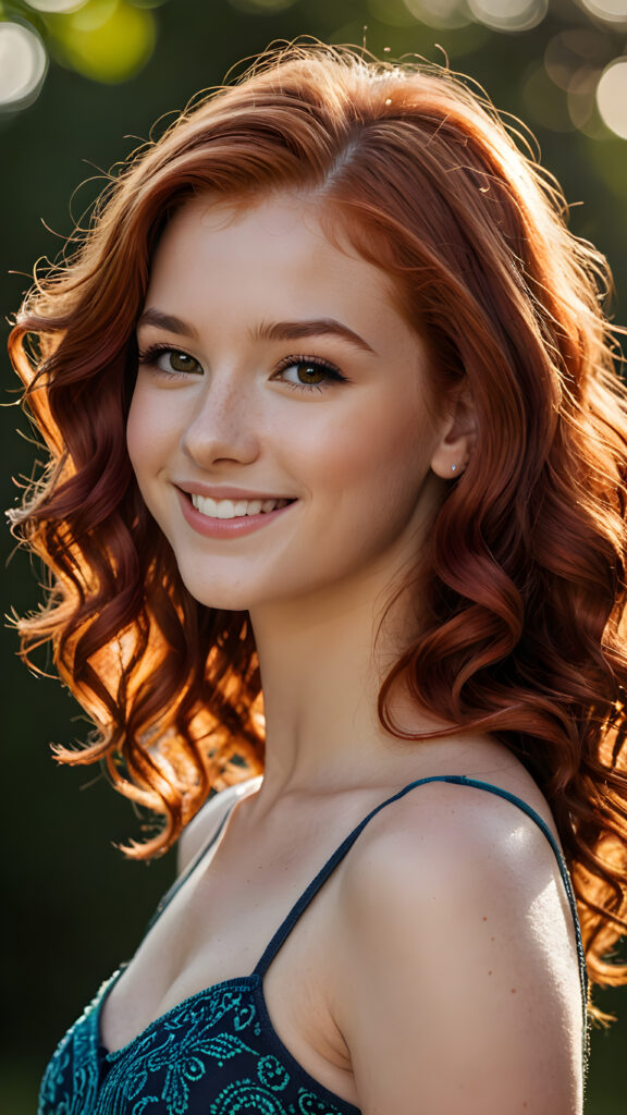 a (((masterfully composed side view photo))) featuring a (((cute 16-year-old female model))) with perfectly curled (((red hair))), a (((detailed and perfect curved body))), a (((realistic, warm smile))), and advanced lighting techniques that create a (deep, soft shadow) and a (high-quality, ultra-sharp focus) that make every detail, from her (ultra-realistic face) to the intricate patterns in her hair, pop with unparalleled clarity.