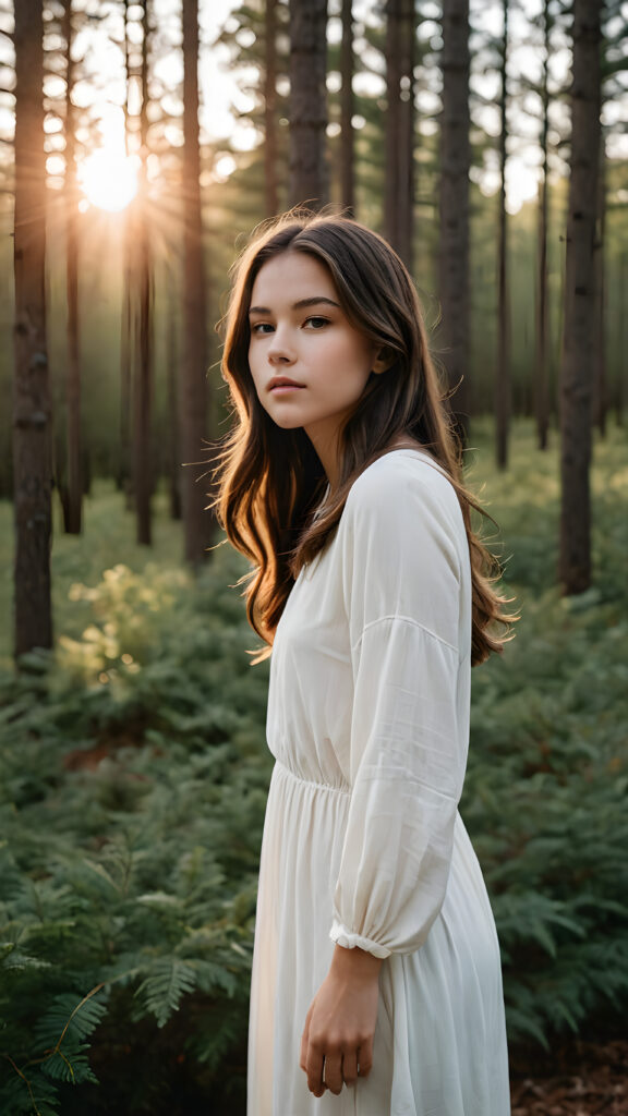 a (((minimalist masterpiece))) featuring a (((brunette teen girl))) elegantly posed against a (((serene forest backdrop))), with the scene contrasted against a (((white background))). The composition emphasizes the woman's flowing contours and exudes a sense of timelessness and tranquility. Soft, (((sunset hues))), blending into the image, give a sense of natural elegance that complements the subject's simple, modern silhouette.