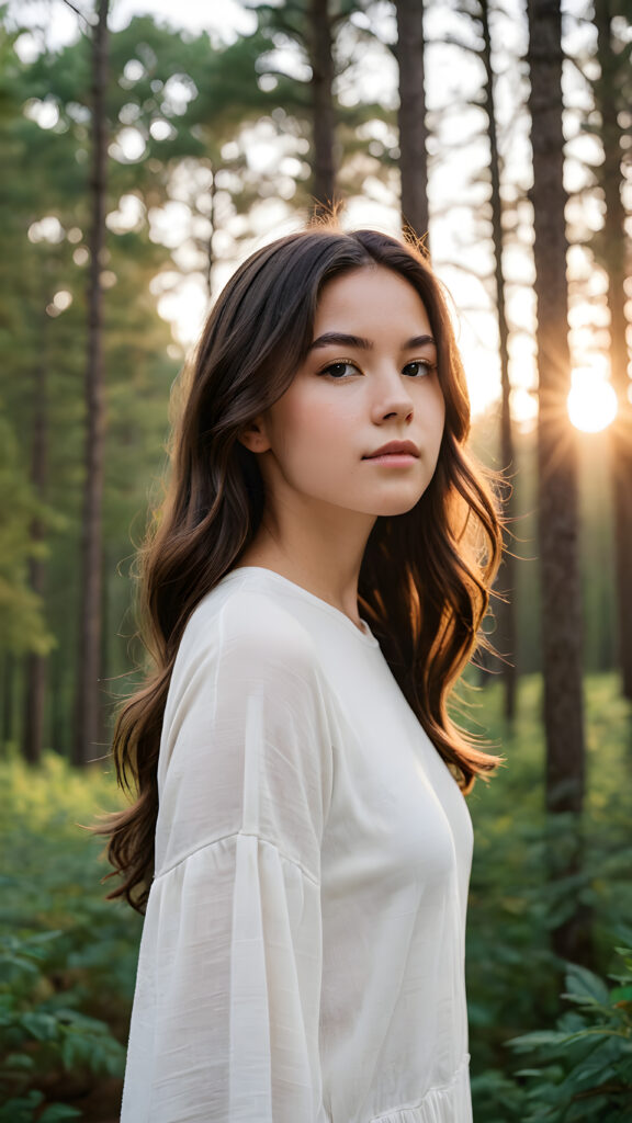 a (((minimalist masterpiece))) featuring a (((brunette teen girl))) elegantly posed against a (((serene forest backdrop))), with the scene contrasted against a (((white background))). The composition emphasizes the woman's flowing contours and exudes a sense of timelessness and tranquility. Soft, (((sunset hues))), blending into the image, give a sense of natural elegance that complements the subject's simple, modern silhouette.