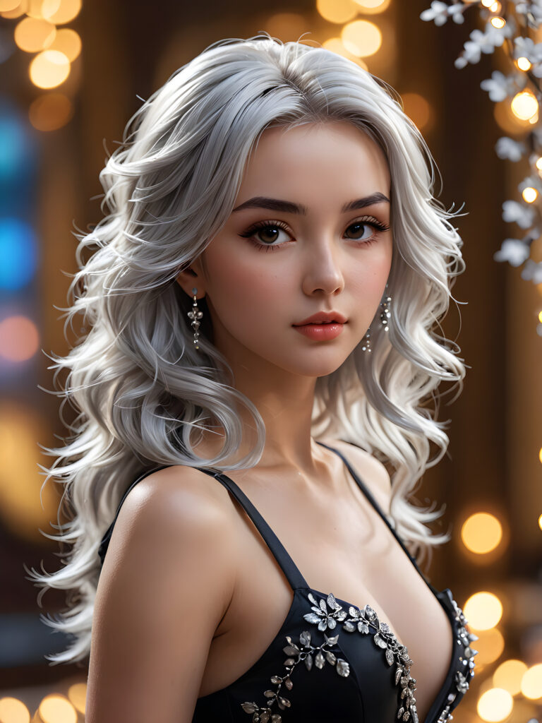a (((perky female silhouette))), with flowing (((silver hair cascading))), exuding a (((coyly seductive expression))), accompanied by a (((piercing gaze))) in a (((low-key lit boudoir setting))), accentuated by a (((soft bokeh effect))), with (hyper-detailed intricate details) that give off an (unreal engine fantasy vibe), color-matched with complementary hues, creating a (fantasy concept art splash screen) with 8K resolution