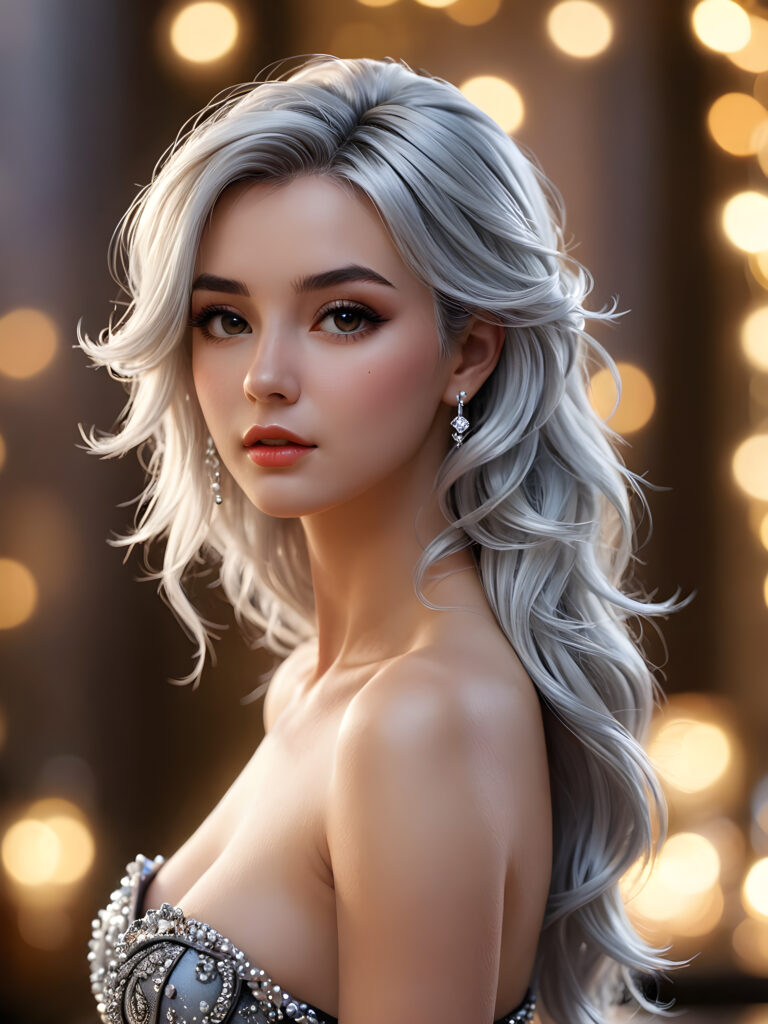 a (((perky female silhouette))), with flowing (((silver hair cascading))), exuding a (((coyly seductive expression))), accompanied by a (((piercing gaze))) in a (((low-key lit boudoir setting))), accentuated by a (((soft bokeh effect))), with (hyper-detailed intricate details) that give off an (unreal engine fantasy vibe), color-matched with complementary hues, creating a (fantasy concept art splash screen) with 8K resolution