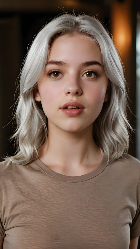 a (((realistic teen girl))), with silky, (((pale grey hair))), wearing a (((simple brown T-shirt))), facing the camera with a half-open mouth and understatedly angelic features, including (((full lips))) and a (((curvaceous figure))) that adds a touch of youthful vulnerability against a (dark, (backdrop))