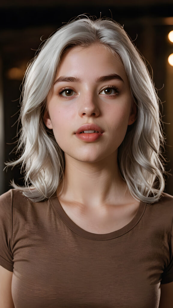 a (((realistic teen girl))), with silky, (((pale grey hair))), wearing a (((simple brown T-shirt))), facing the camera with a half-open mouth and understatedly angelic features, including (((full lips))) and a (((curvaceous figure))) that adds a touch of youthful vulnerability against a (dark, (backdrop))