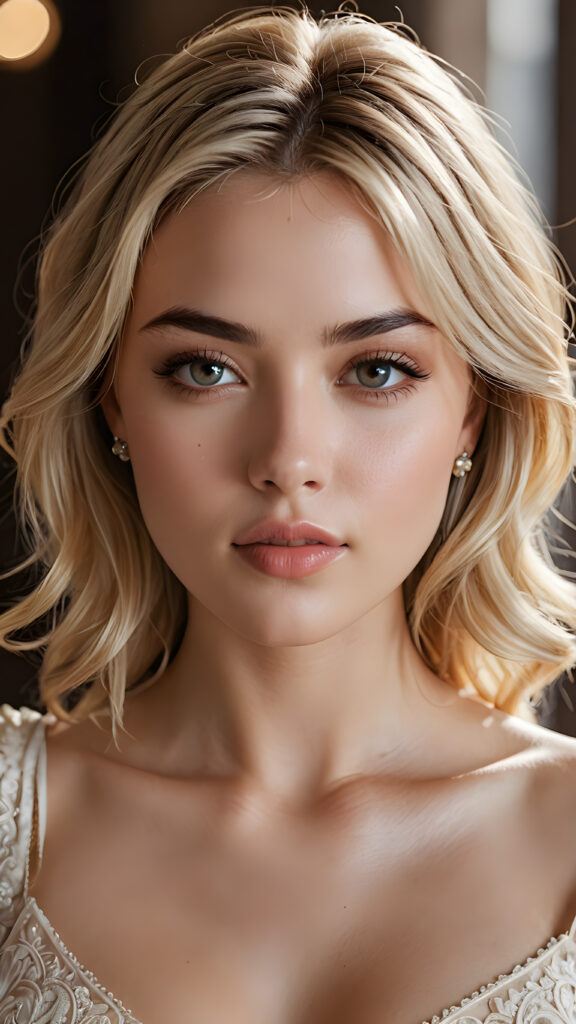 a realistically drawn, advancedly detailed (((high-definition portrait))), featuring an exquisite, young (((upper body))), with flawless curves and a gorgeously attractive face, intricate details like porcelain skin and delicate features, paired with a youthful, (((banga cut))), long, flowing blonde strands framing her face, poised confidently with a direct gaze, set against a simple, minimalistic backdrop