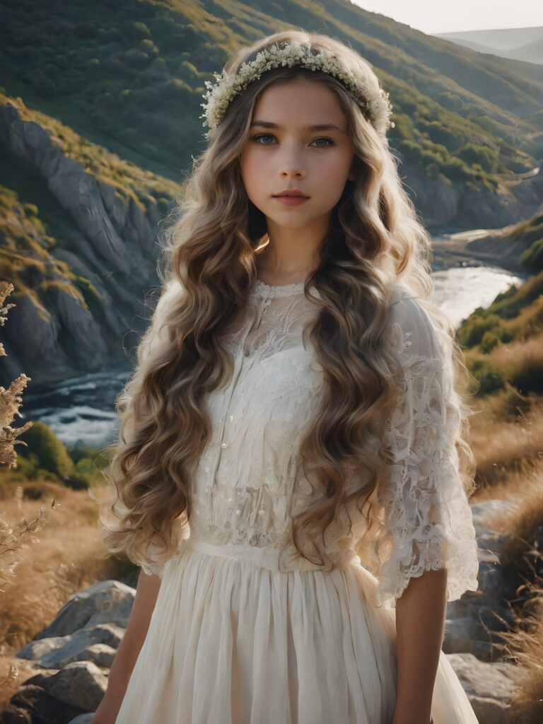 a (((small, young girl))), her hair in (((long, wavy locks))), with dark, striking eyes and a cap on head, exuding an air of innocence and cuteness. Her features are sharply defined, with full lips and an ethereal beauty reflective of an angelic visage. In the (((background))), a (quarry) with its distinctive contours and stone walls provide a beautifully contrasting backdrop