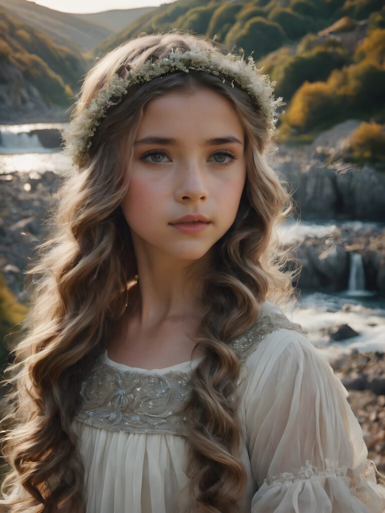 a (((small, young girl))), her hair in (((long, wavy locks))), with dark, striking eyes and a cap on head, exuding an air of innocence and cuteness. Her features are sharply defined, with full lips and an ethereal beauty reflective of an angelic visage. In the (((background))), a (quarry) with its distinctive contours and stone walls provide a beautifully contrasting backdrop