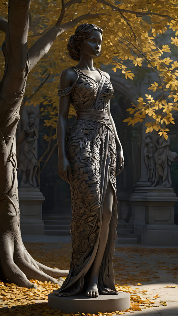 a (((statue))) in a (((subtle, shadowy environment))), representing a girl with a flowing straight hair and a belt made of intricate, interwoven ((tree leaves)), poised in a serene, contemplative pose, full body shot