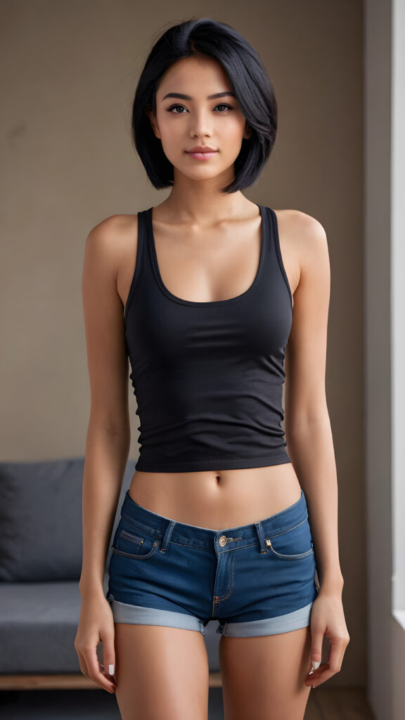 a stunningly beautiful (((young female model))) in a (((masterfully composed full body portrait))) with a (((super short form-fitting low cut thin (tank top)))), (((super short pants))), looking directly at the viewer with a warm smile, her (((realistically detailed straight black hair))), elegant figure, and a (((highly detailed, ultra realistic round face))), all captured with an impressive level of (((ultra high resolution))), creating a (((vivid, best-quality image))). The scene is set against an (((empty, deeply focused backdrop))), emphasizing the model's (((impressive beauty))).