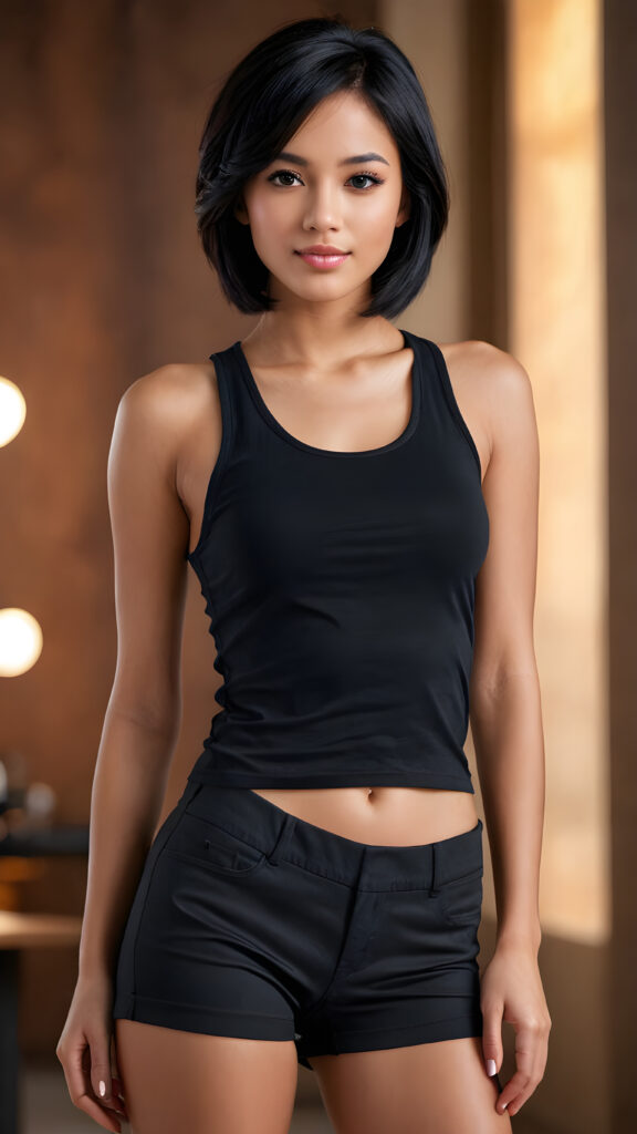 a stunningly beautiful (((young female model))) in a (((masterfully composed full body portrait))) with a (((super short form-fitting low cut thin (tank top)))), (((super short pants))), looking directly at the viewer with a warm smile, her (((realistically detailed straight black hair))), elegant figure, and a (((highly detailed, ultra realistic round face))), all captured with an impressive level of (((ultra high resolution))), creating a (((vivid, best-quality image))). The scene is set against an (((empty, deeply focused backdrop))), emphasizing the model's (((impressive beauty))).
