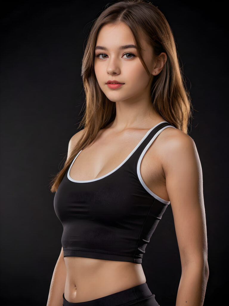 a stunningly gorgeous (((young teen girl))), age 15, with impeccably curved figure and (((short crop sport tank top))), short mini skirt that showcases her figure, face framed by long, sleek locks, highlighted by (perfectly defined) side swept bangs and full, kissable lips, all under (4K realistic detail) against a (black, high-quality backdrop), captured from a (side angle).