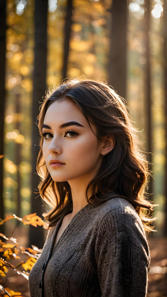 a stunningly gorgeous (((teenage girl))) with a perfectly proportioned figure captured in a side view, exhibiting exquisite (((full body detail))), against a backdrop of a serene, (((autumn forest))), with deeply concentrated (((shadows))), luxuriously detailed foliage, and a soft, (((bokeh effect))), emanating from a sharp focus on her features, which are intricate down to the delicate (((eyebrows))) and (((lashes))), all captured at ultra high resolution