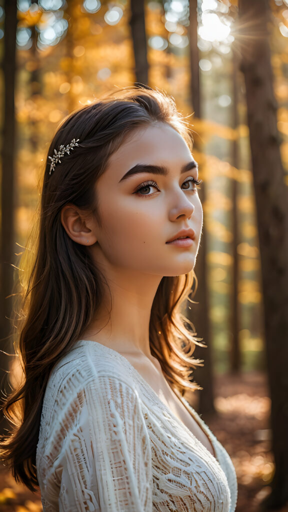 a stunningly gorgeous (((teenage girl))) with a perfectly proportioned figure captured in a side view, exhibiting exquisite (((full body detail))), against a backdrop of a serene, (((autumn forest))), with deeply concentrated (((shadows))), luxuriously detailed foliage, and a soft, (((bokeh effect))), emanating from a sharp focus on her features, which are intricate down to the delicate (((eyebrows))) and (((lashes))), all captured at ultra high resolution